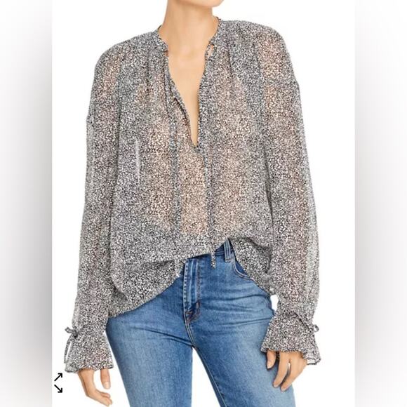 Anine Bing Abigail Printed Silk long sleeve split neck semi sheer abstract top - Picture 8 of 9